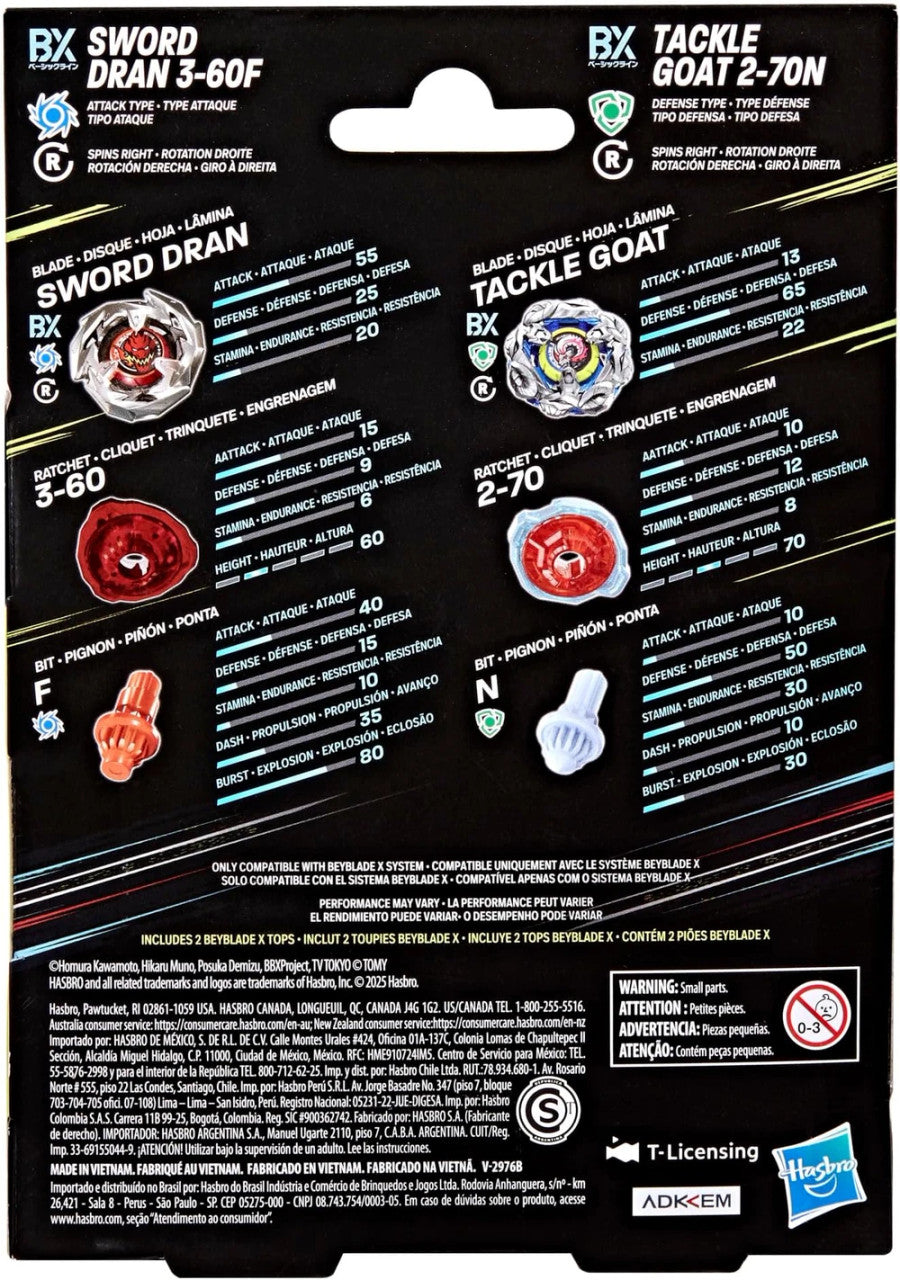 Hasbro Beyblade X Sword Dran 3-60F and Tackle Goat 2-70N