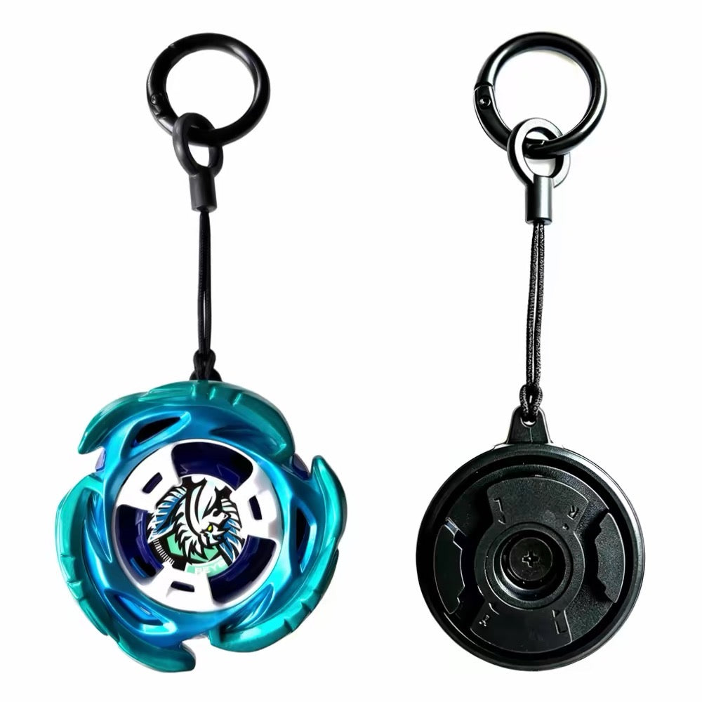 Beyscollector Beyblade keychain front and back view with teal blade mounted on carabiner clip