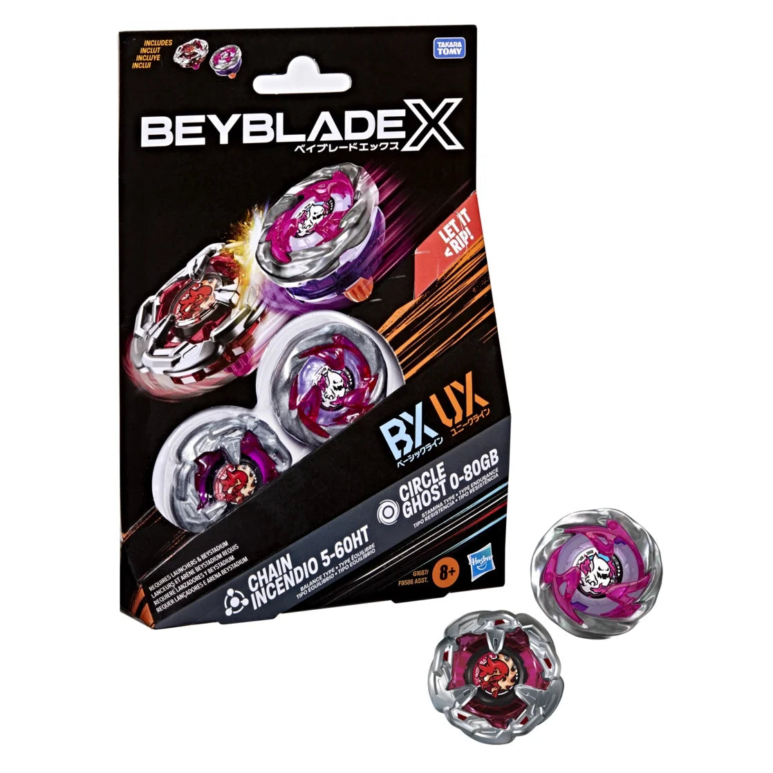 Hasbro Beyblade X Chain Incendio 5-60HT and Circle Ghost 0-80GB