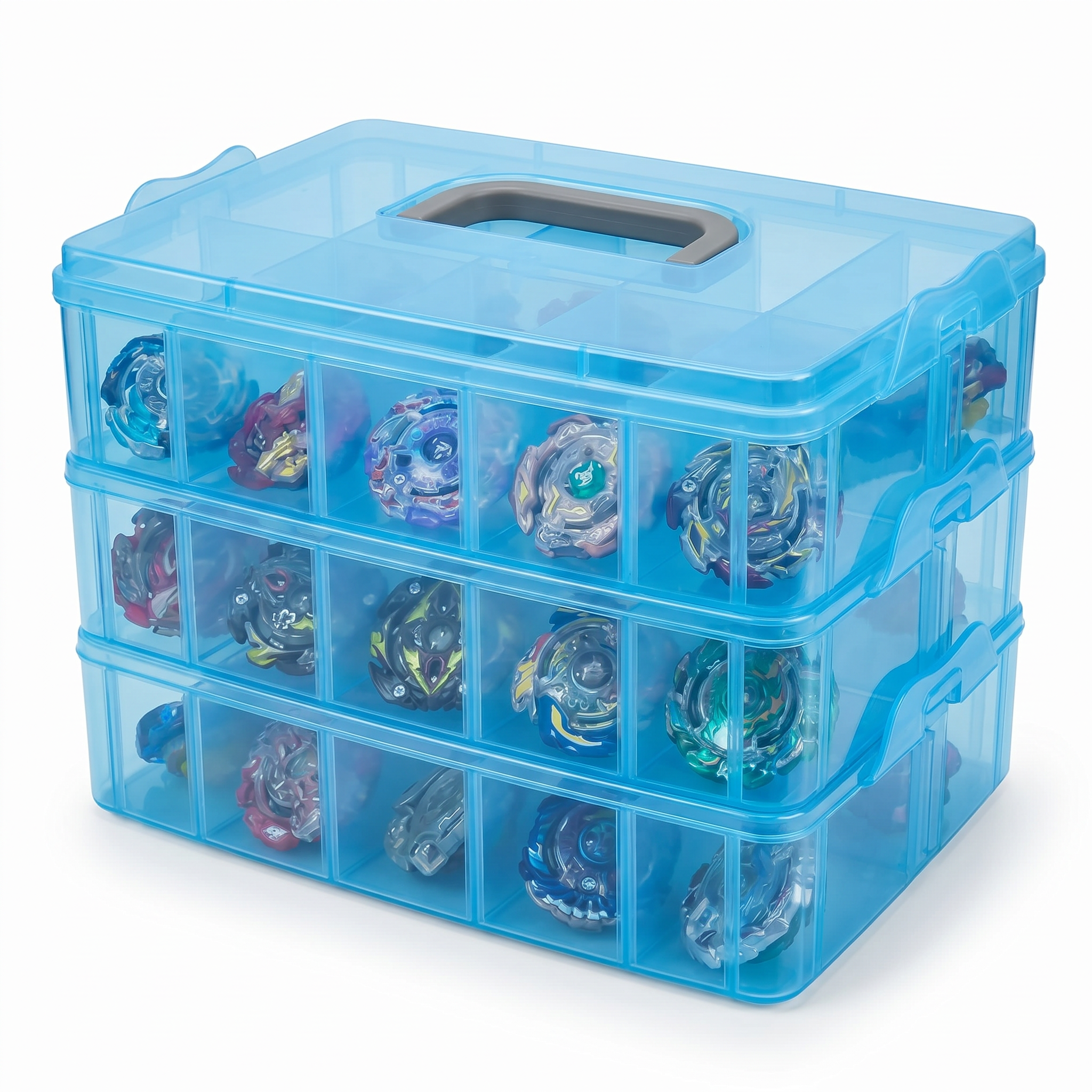 Beyblade Storage Case 3-Tier Stackable Organizer Box with Adjustable Compartments (Holds 30+ Beyblades)
