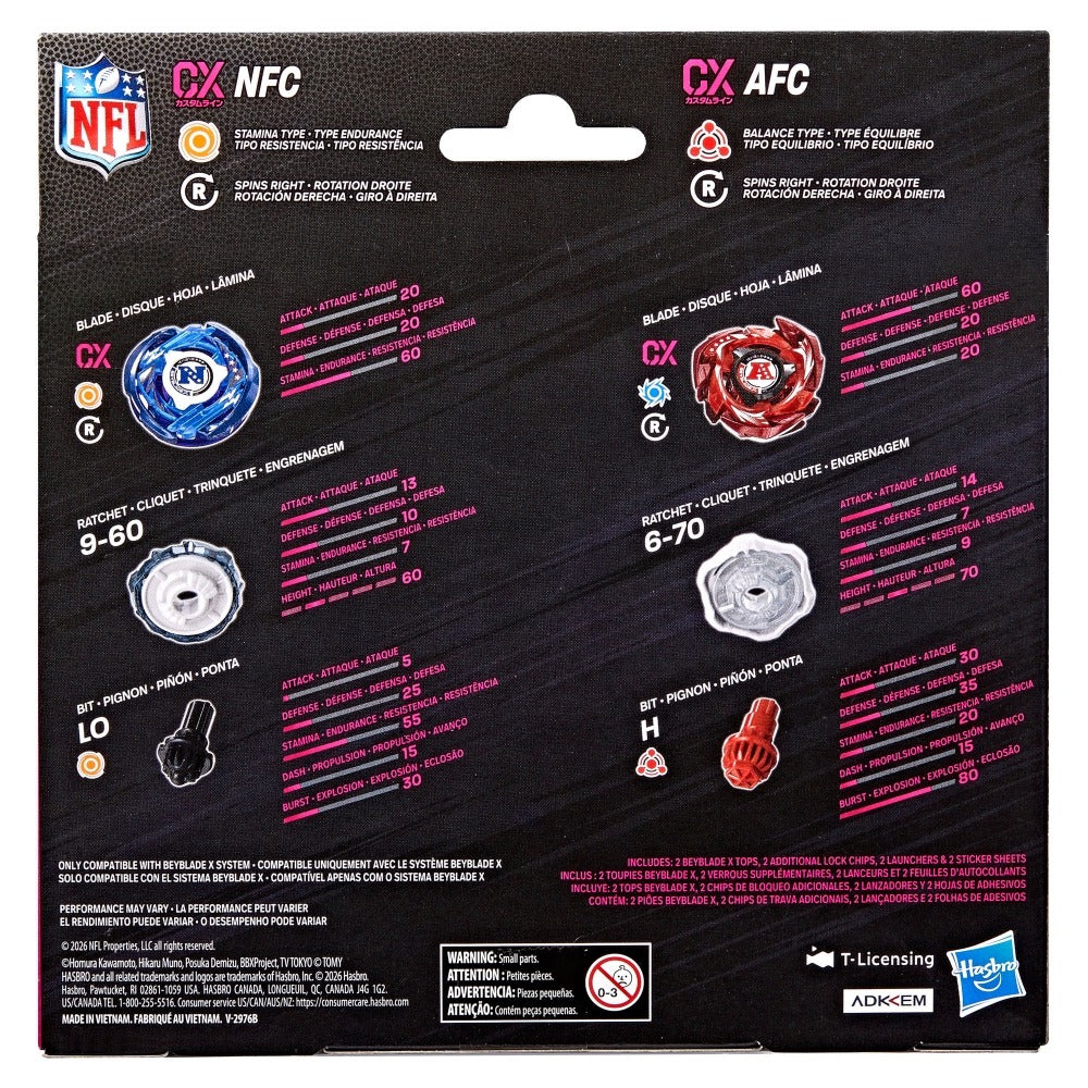 Hasbro Beyblade X NFL AFC vs NFC box back with part stats