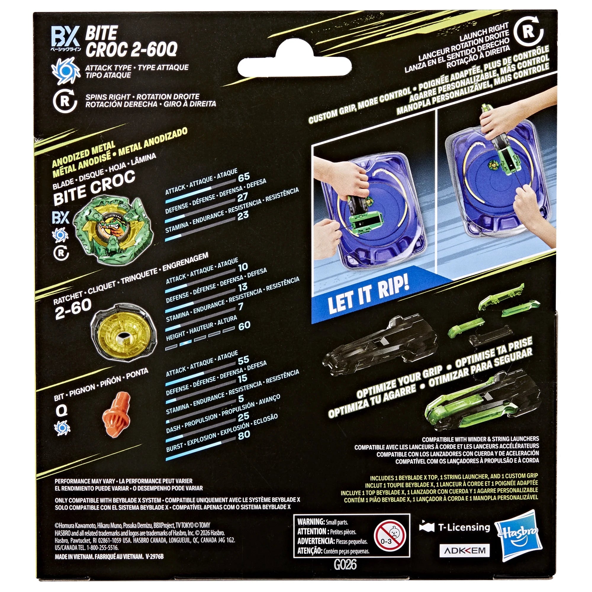 Hasbro Beyblade X Bite Croc 2-60Q W/ Deluxe String Launcher & Custom Grip Set