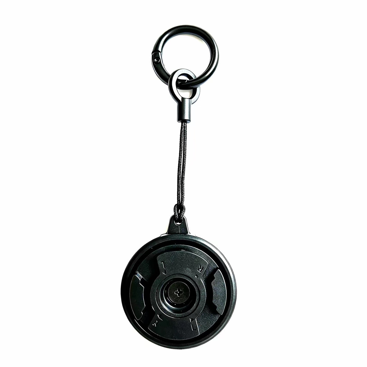 Back of the Beyblade keychain showing the mount plate, cord, and carabiner