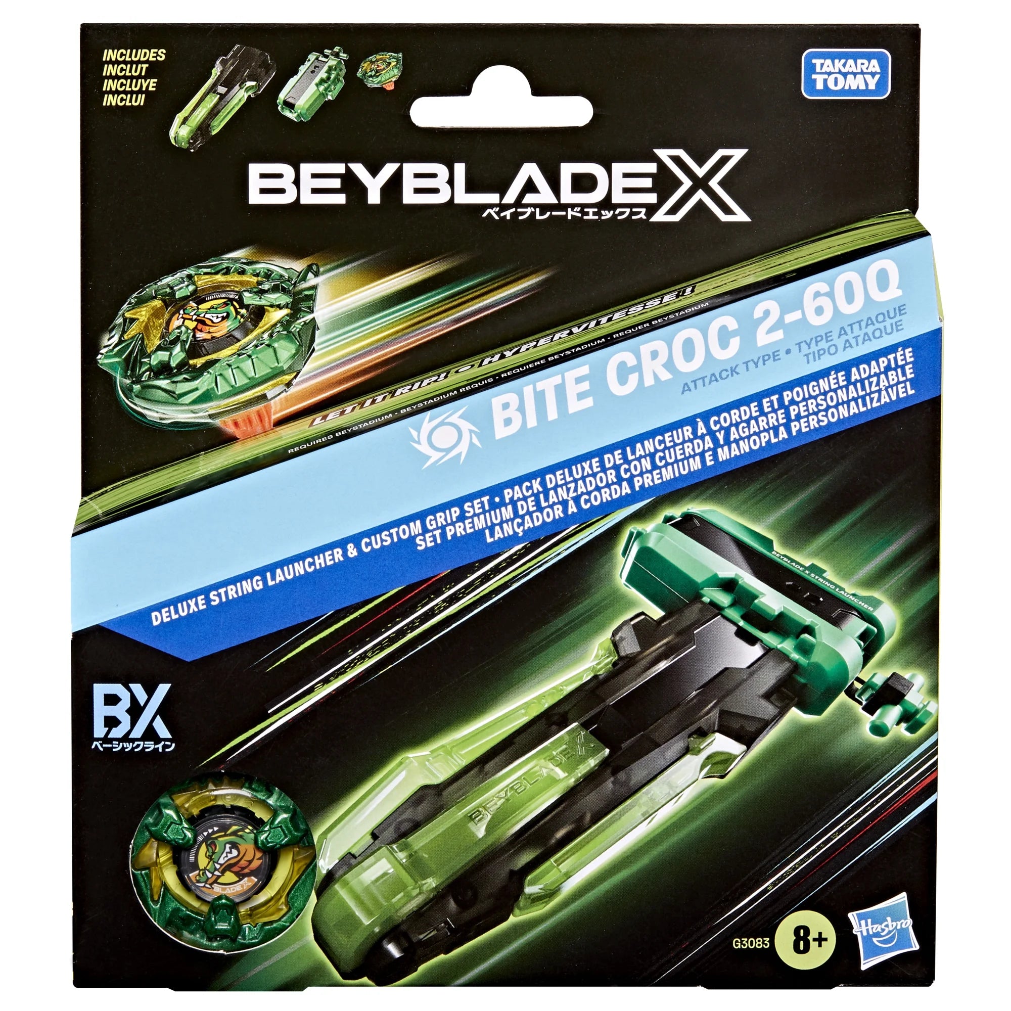 Hasbro Beyblade X Bite Croc 2-60Q W/ Deluxe String Launcher & Custom Grip Set