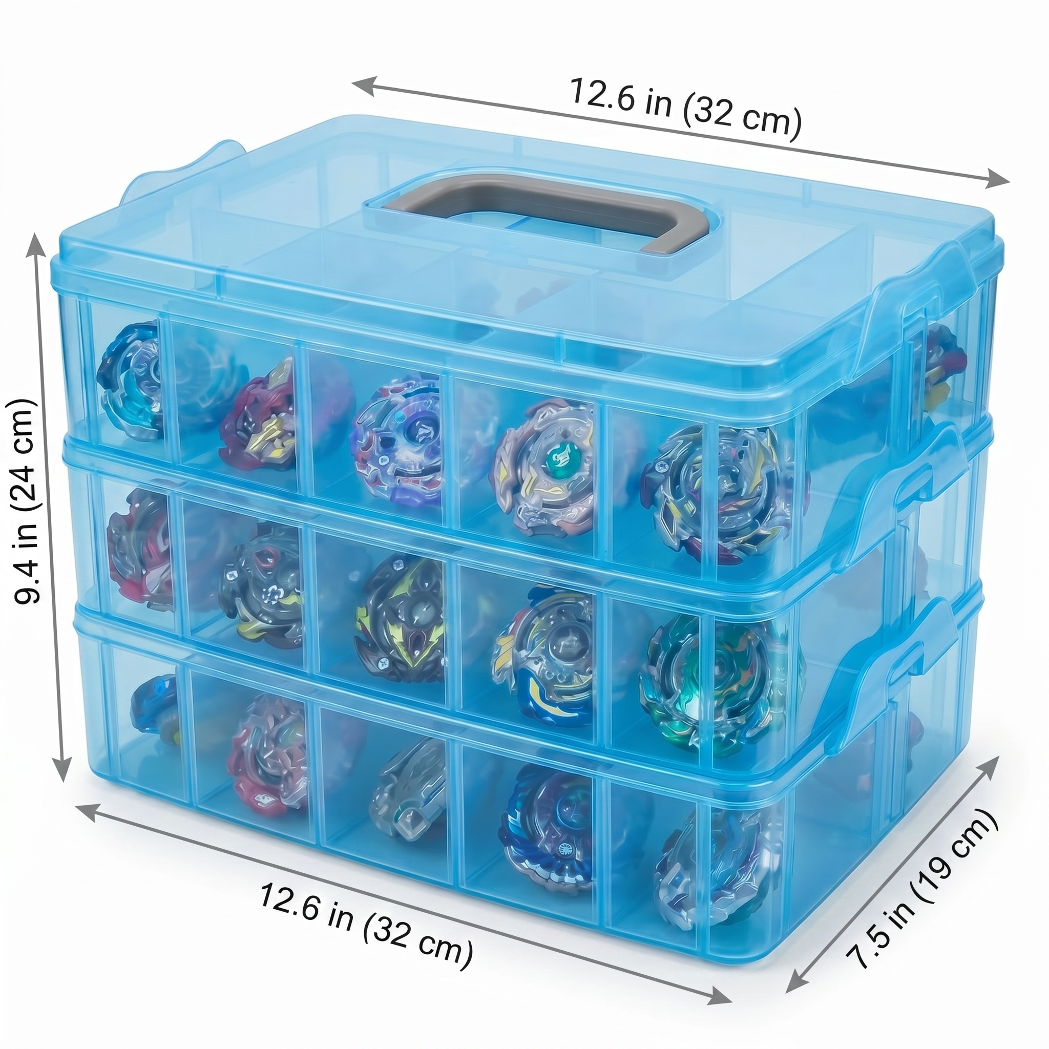 Beyblade Storage Case 3-Tier Stackable Organizer Box with Adjustable Compartments (Holds 30+ Beyblades)