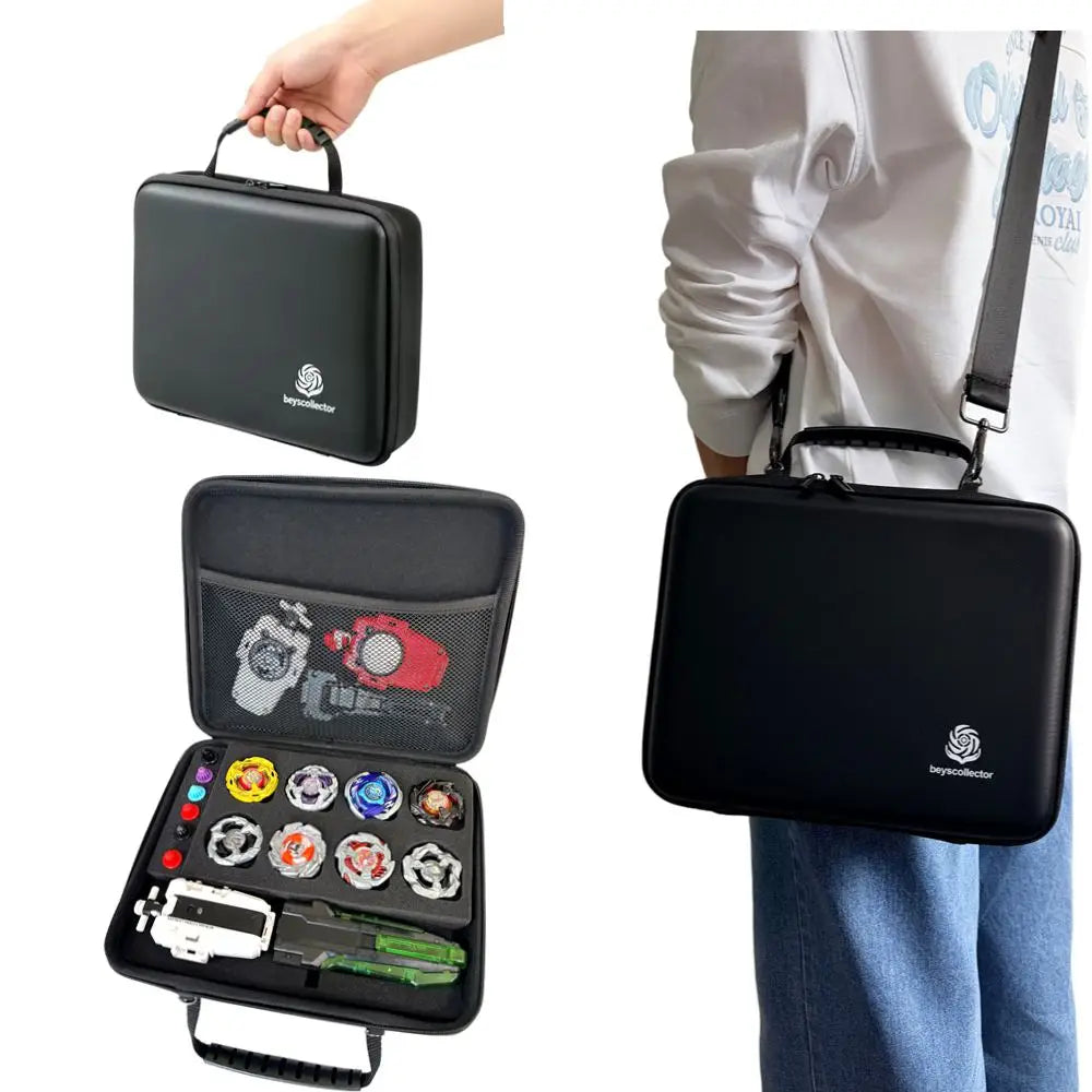 Beyscollector case shown carried by handle and shoulder strap with interior storage view