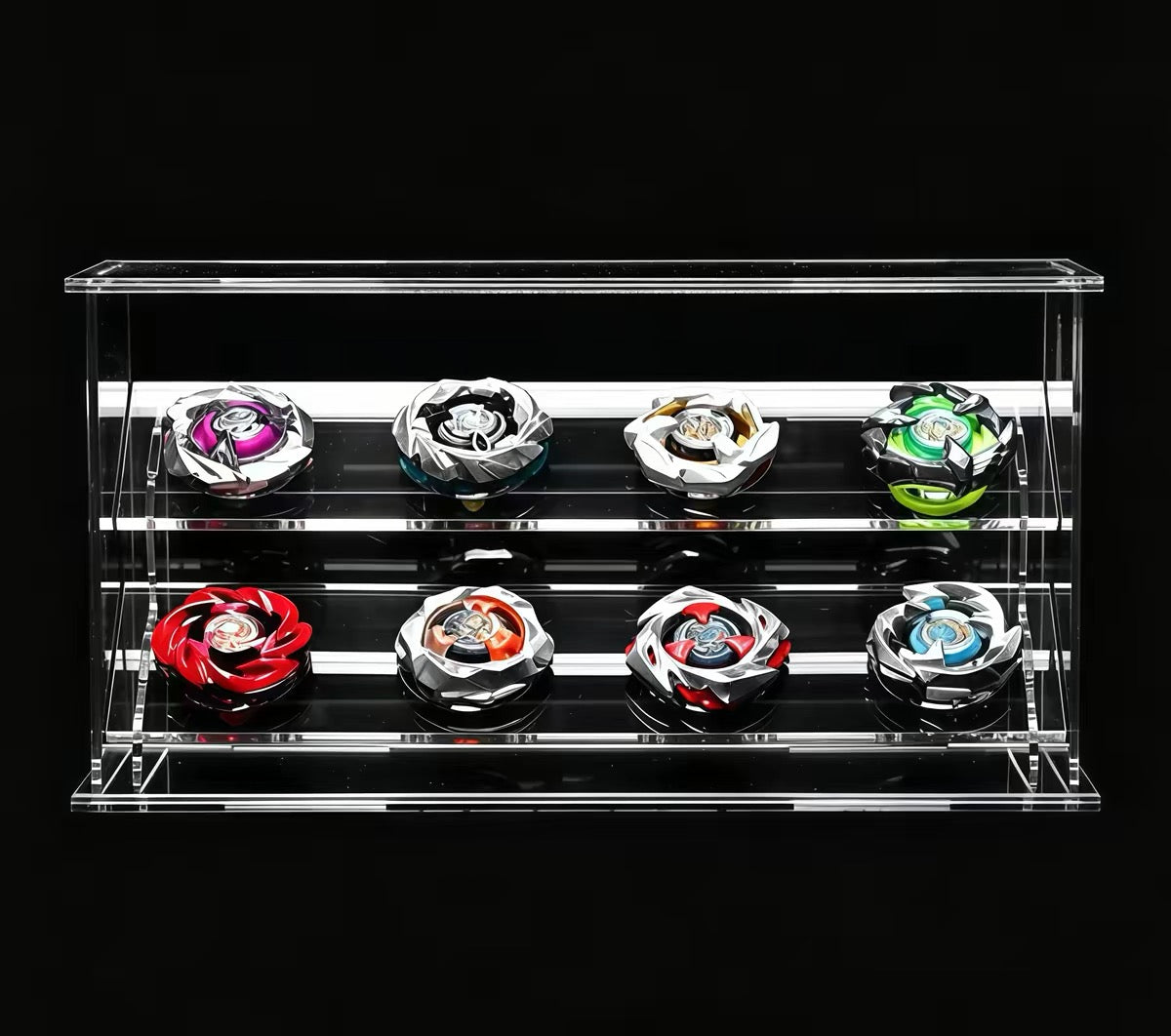 Clear acrylic Beyblade display case with two angled tiers holding 8 Beyblades, front view