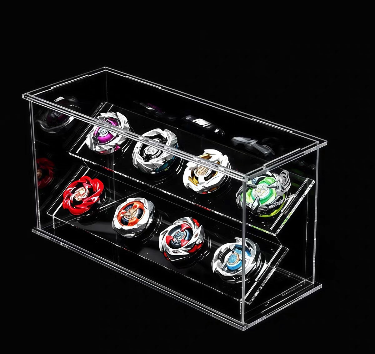 Acrylic Beyblade display case angled view showing two tiers of 4 Beyblades