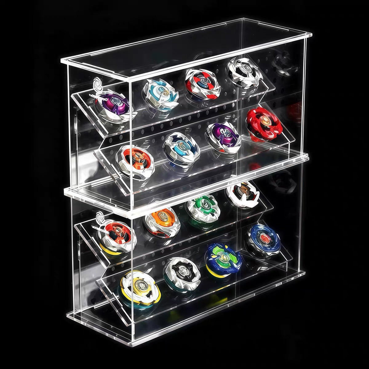 Two acrylic Beyblade display cases stacked to hold 16 Beyblades