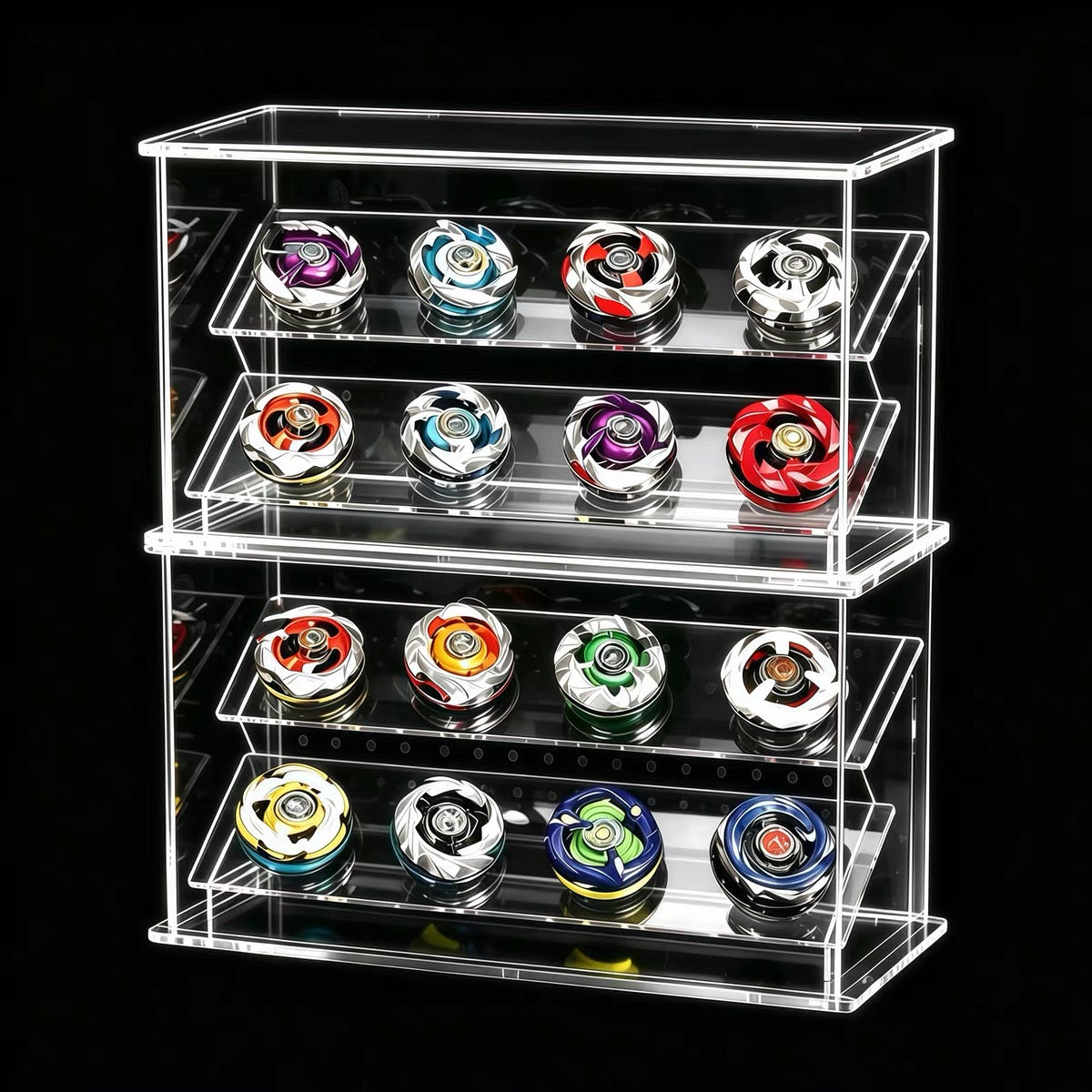 Stacked acrylic Beyblade display cases front view