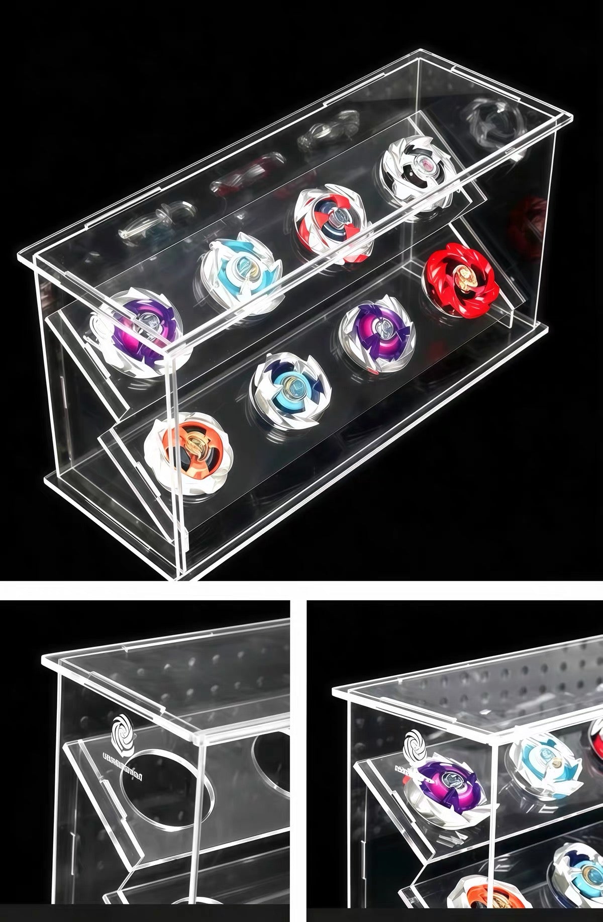 Acrylic Beyblade display case detail views of cutout holders and top panel