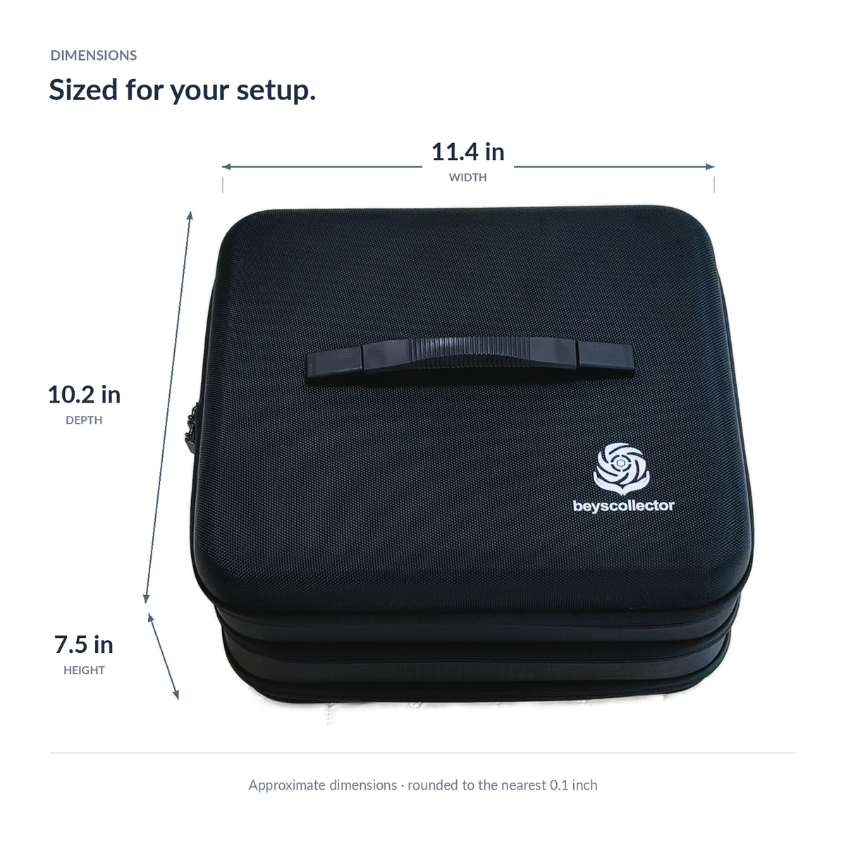 Case dimensions 11.4 inches wide by 10.2 inches deep by 7.5 inches tall