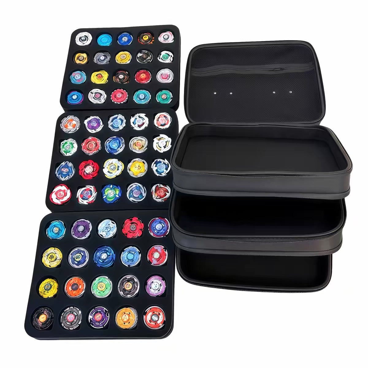 Open Beyscollector case showing three removable trays and zippered mesh lid pocket