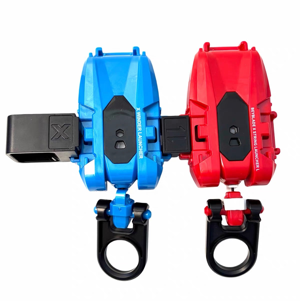 Black adapter kit installed on two Beyblade X launchers; launchers not included