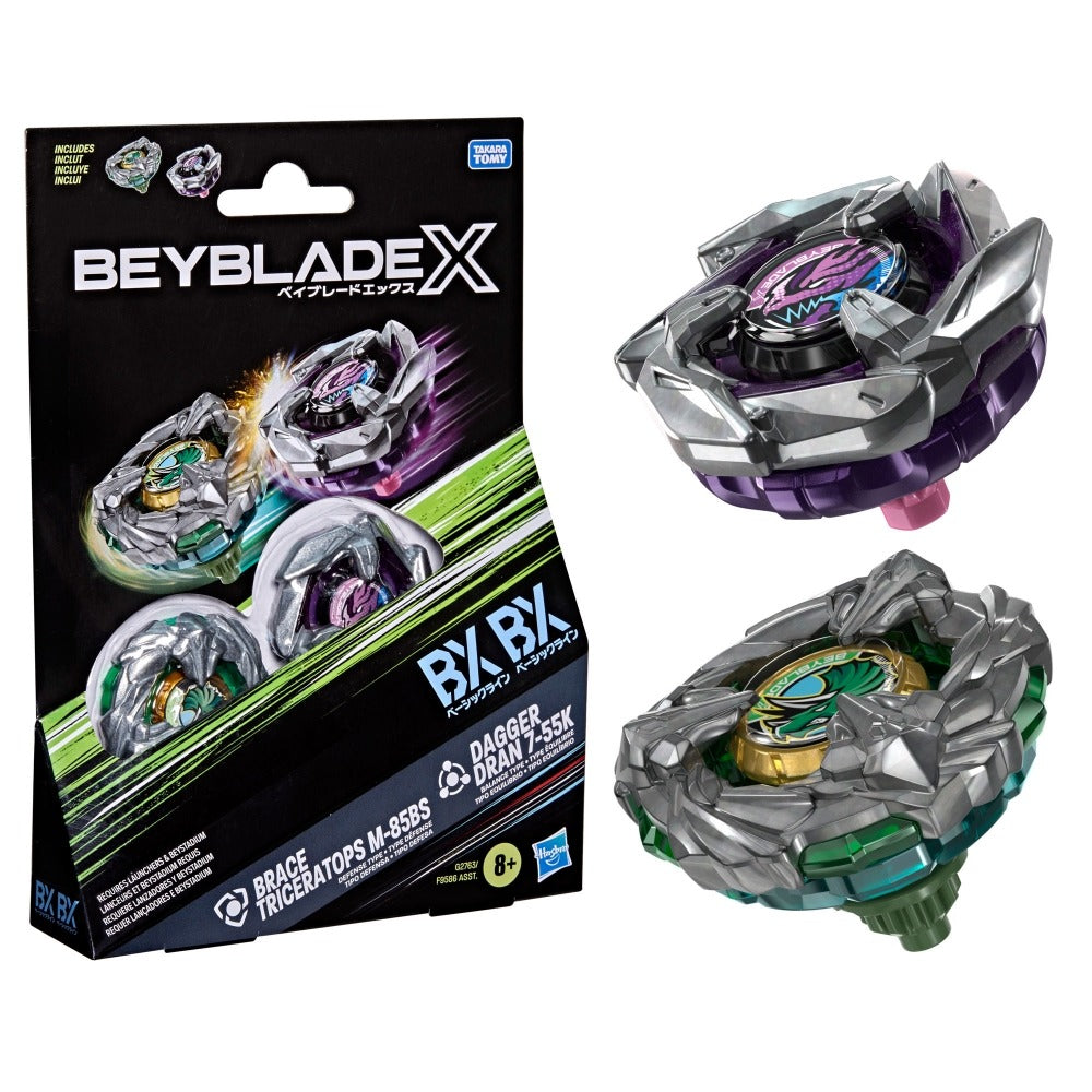 Hasbro Beyblade X Brace Triceratops M-85BS & Dagger Dran 7-55K Dual Pack G2763 package and tops